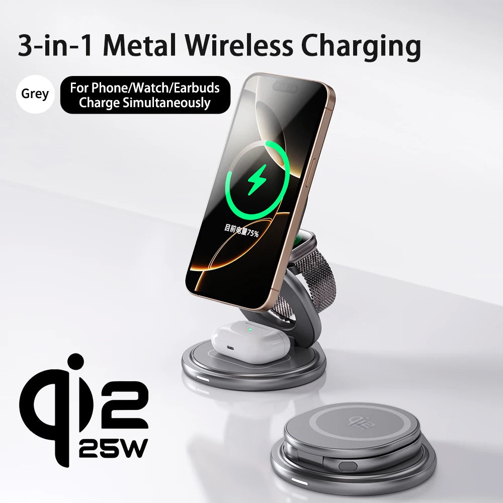 25W Magnetic Wireless Charger Stand with 360° Rotation for iPhone, Watch & AirPods