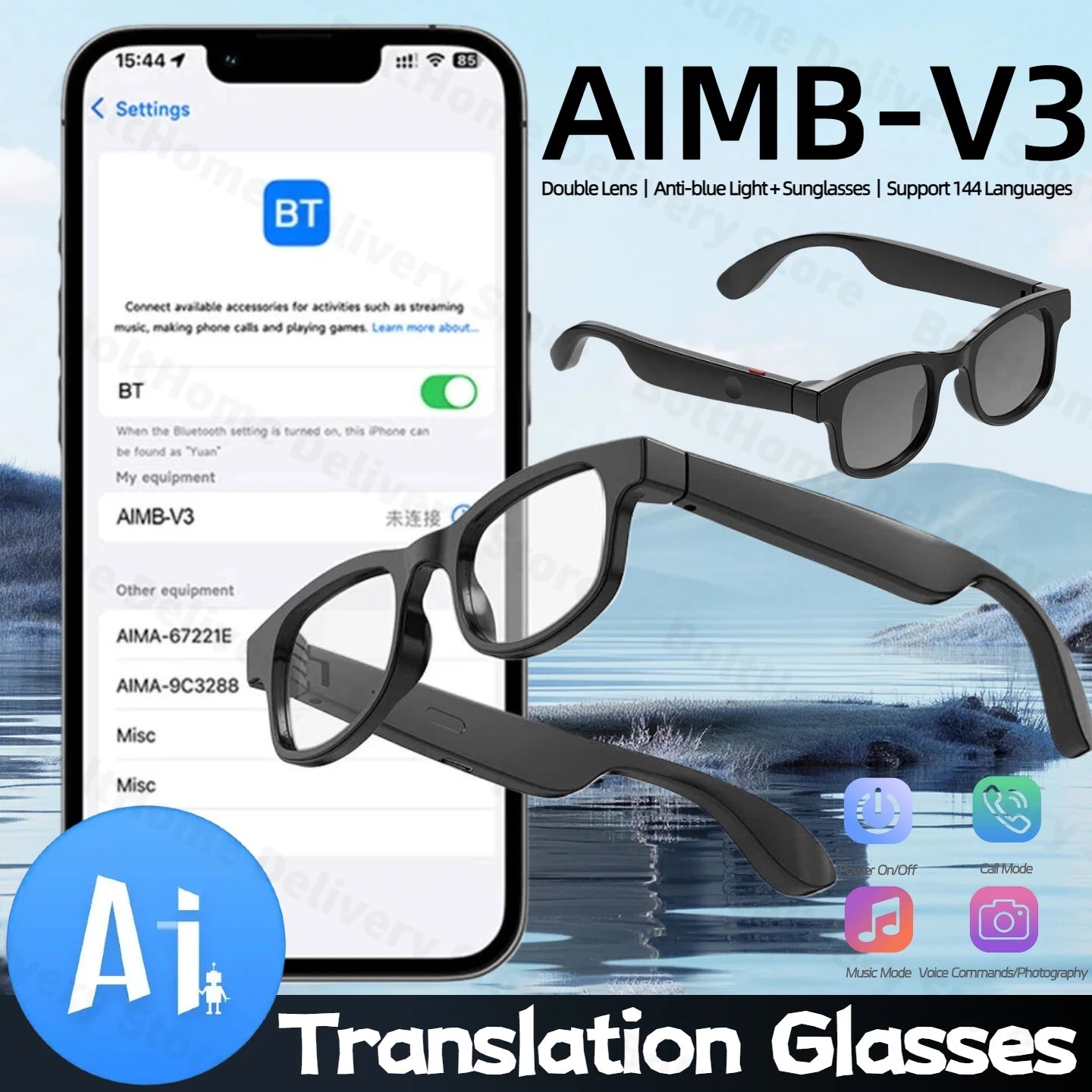 AI Smart Glasses Photochromic Multifunction 144 Language Bluetooth Calling Voice Assistant Music Player Translate Camera Glasses