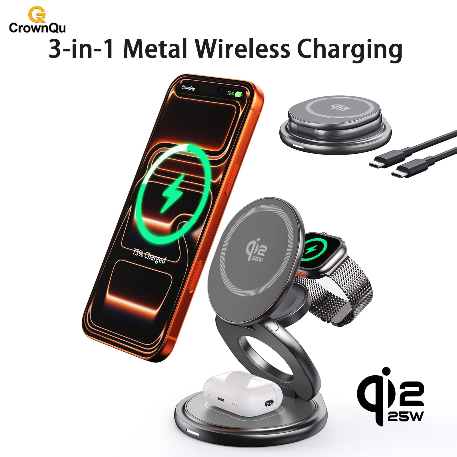 25W Magnetic Wireless Charger Stand with 360° Rotation for iPhone, Watch & AirPods