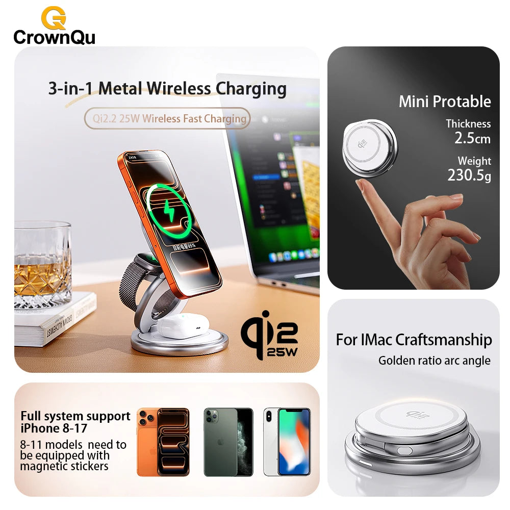 25W Magnetic Wireless Charger Stand with 360° Rotation for iPhone, Watch & AirPods