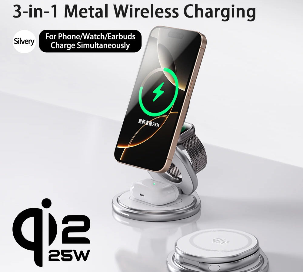 25W Magnetic Wireless Charger Stand with 360° Rotation for iPhone, Watch & AirPods